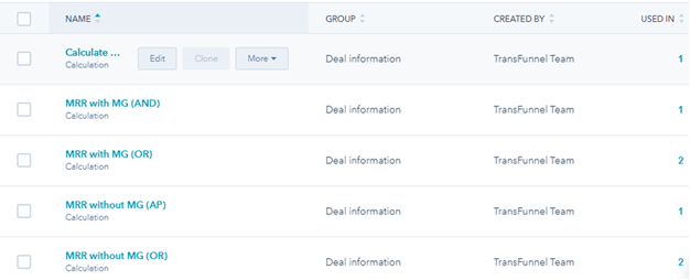 5 available calculation properties to calculate MRR for different offerings